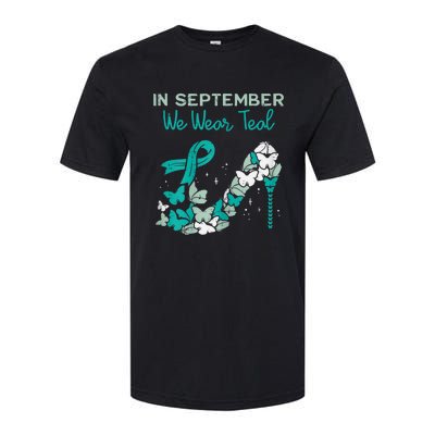 Womens September We Wear Teal Ribbon Shoe Ovarian Cancer Awareness Softstyle CVC T-Shirt