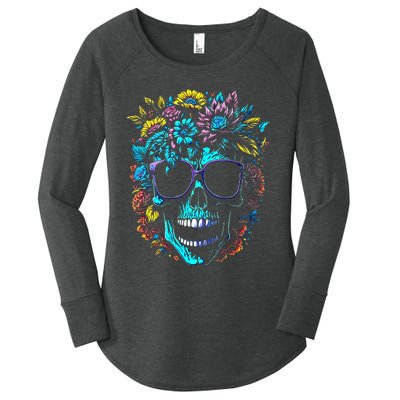 Wild Skull with Flowers and Wearing Sunglasses Design Women's Perfect Tri Tunic Long Sleeve Shirt