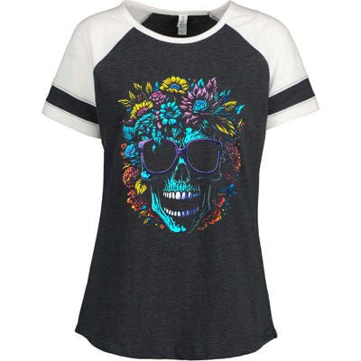 Wild Skull with Flowers and Wearing Sunglasses Design Enza Ladies Jersey Colorblock Tee