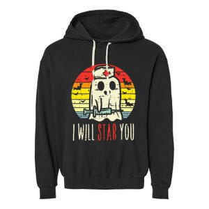 Will Stab You Ghost Nurse Retro Halloween Nursing RN Garment-Dyed Fleece Hoodie