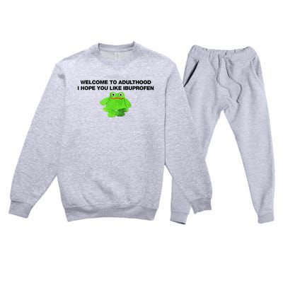 Welcome To Adult I Hope You Like Ibuprofen Frog Meme Premium Crewneck Sweatsuit Set