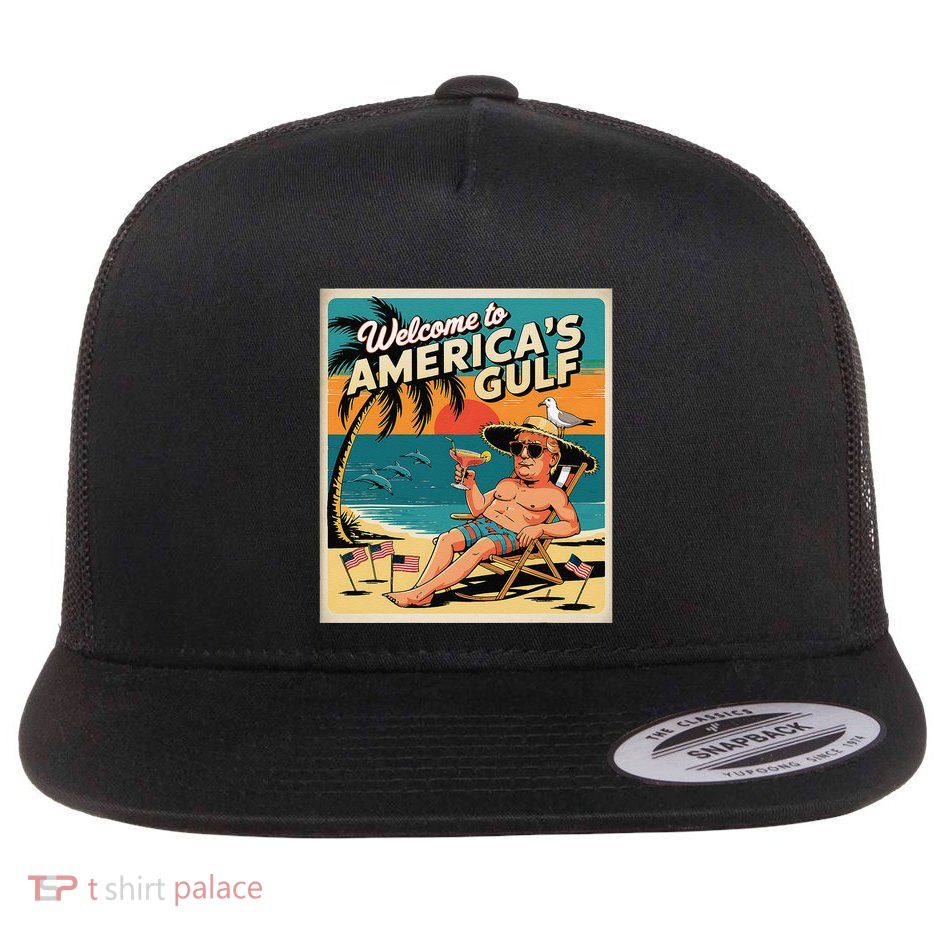 Welcome To AmericaS Gulf Retro President Trump Flat Bill Trucker Hat