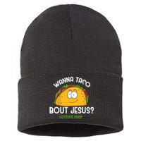 Wanna Taco Bout Jesus Lettuce Pray Funny Taco Gift Sustainable Knit Beanie