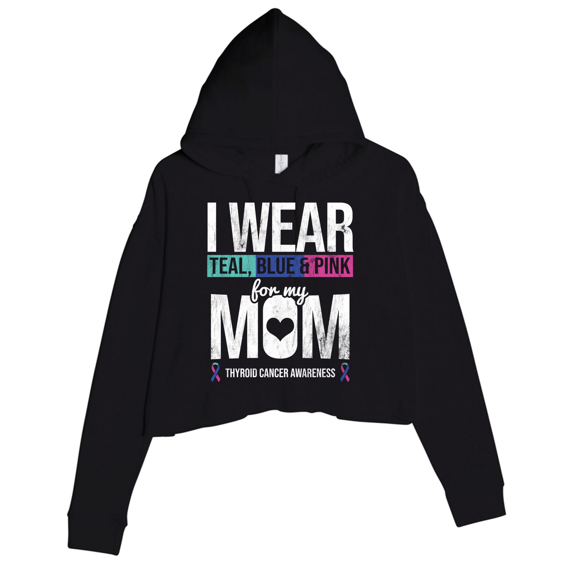 Wear Teal Blue Pink For Mom Thyroid Cancer Awareness Ribbon Gift Crop Fleece Hoodie