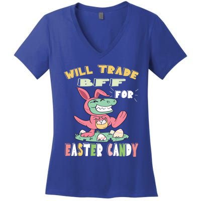 Will Trade Bff For Easter Candy Dinosaur T Rex Bunny Ears Gift Women's V-Neck T-Shirt