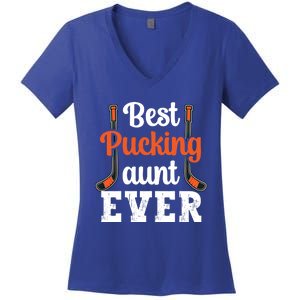 Wo The Best Pucking Aunt Ever Funny Hockey Sports Lover Meaningful Gift Women's V-Neck T-Shirt