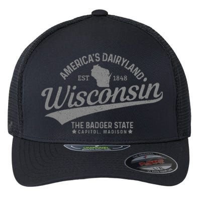 Wisconsin The Badger State Est 1848 State Map Flexfit Unipanel Trucker Cap