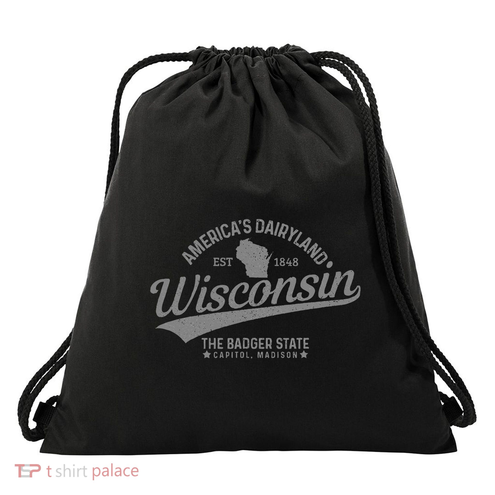 Wisconsin The Badger State Est 1848 State Map Drawstring Bag