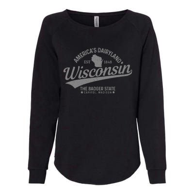 Wisconsin The Badger State Est 1848 State Map Womens California Wash Sweatshirt