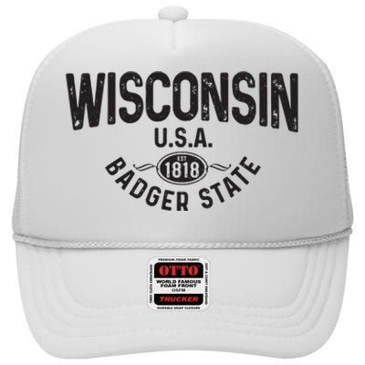 Wisconsin The Badger State Est 1818 Gift High Crown Mesh Back Trucker Hat