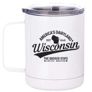 Wisconsin The Badger State Est 1848 State Map Gift 12 oz Stainless Steel Tumbler Cup