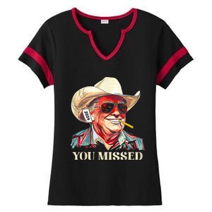 Western Trump Cow You Missed American Flag Cow Hat Ladies Halftime Notch Neck Tee