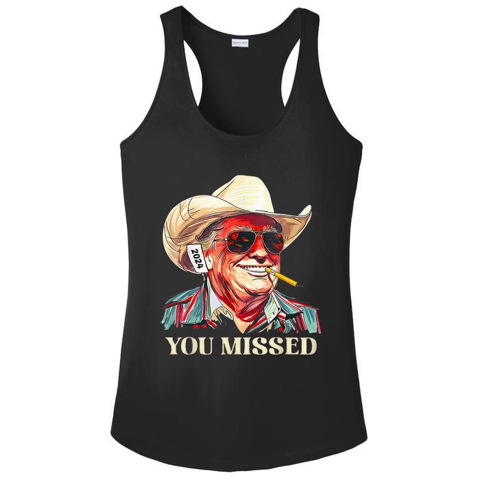 Western Trump Cow You Missed American Flag Cow Hat Ladies PosiCharge Competitor Racerback Tank