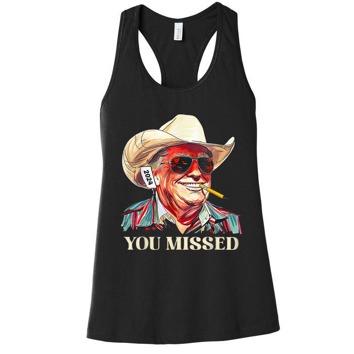 Western Trump Cow You Missed American Flag Cow Hat Women's Racerback Tank