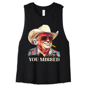 Western Trump Cow You Missed American Flag Cow Hat Women's Racerback Cropped Tank