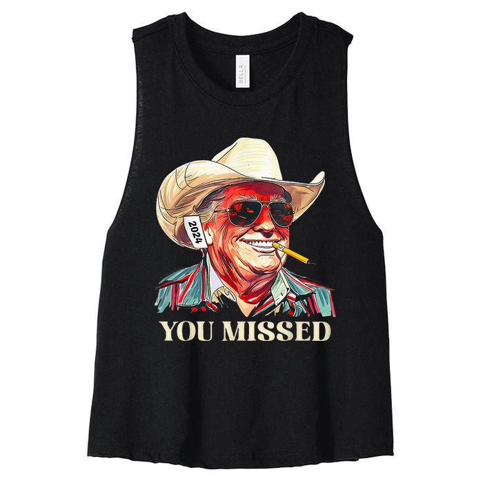 Western Trump Cow You Missed American Flag Cow Hat Women's Racerback Cropped Tank