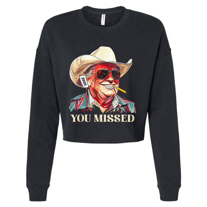 Western Trump Cow You Missed American Flag Cow Hat Cropped Pullover Crew