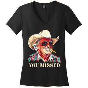 Western Trump Cow You Missed American Flag Cow Hat Women's V-Neck T-Shirt