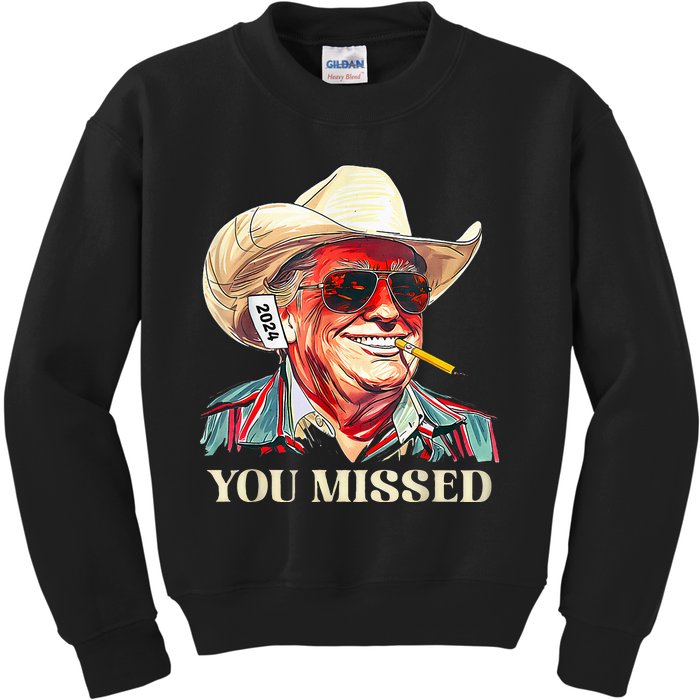 Western Trump Cow You Missed American Flag Cow Hat Kids Sweatshirt