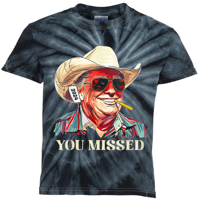 Western Trump Cow You Missed American Flag Cow Hat Kids Tie-Dye T-Shirt