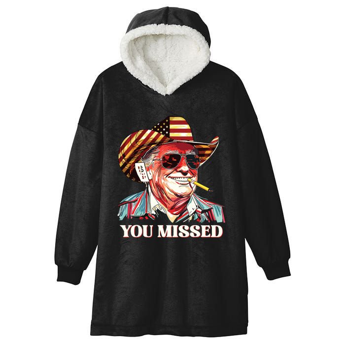 Western Trump Cowboy You Missed American Flag Cowboy Hat Hooded Wearable Blanket