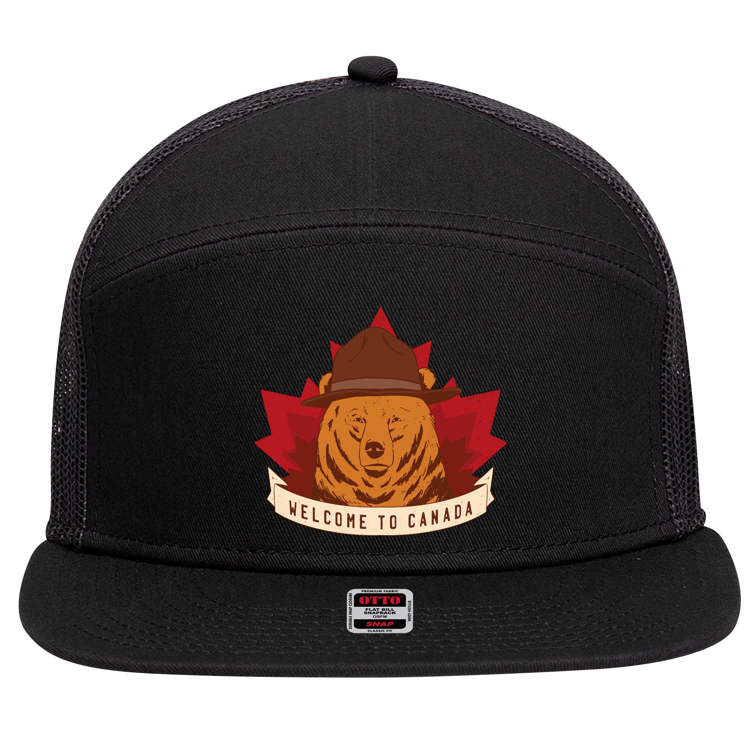 Welcome To Canada Maple Leaf Bear 7 Panel Mesh Trucker Snapback Hat