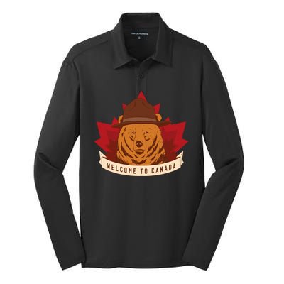 Welcome To Canada Maple Leaf Bear Silk Touch Performance Long Sleeve Polo