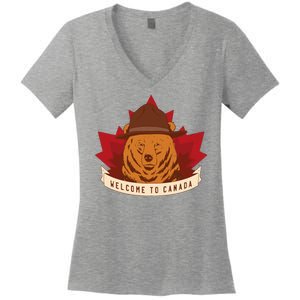 Welcome To Canada Maple Leaf Bear Women's V-Neck T-Shirt