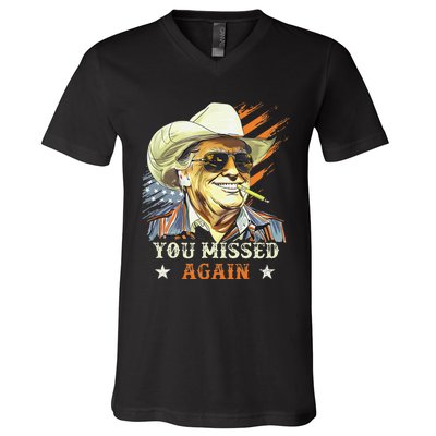 Western Trump Cowboy You Missed Again Funny Gift V-Neck T-Shirt