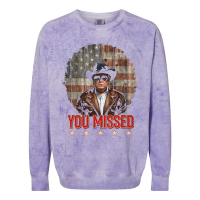 Western Trump Cowboy You Missed Again Funny Colorblast Crewneck Sweatshirt