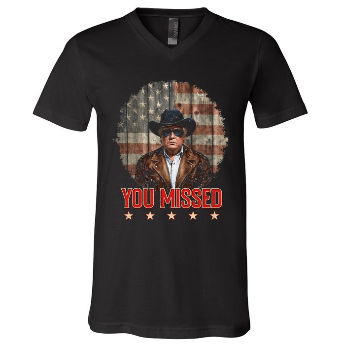 Western Trump Cowboy You Missed Again Funny V-Neck T-Shirt