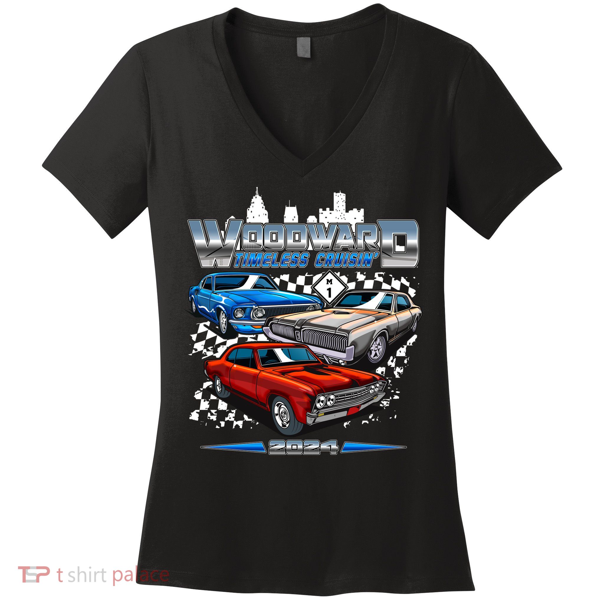 Woodward Timeless Cruisin 2024 Muscle Cars Women's V-Neck T-Shirt