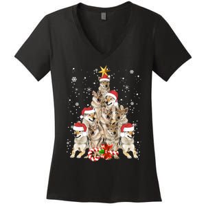 Wolfs Tree Christmas Sweater Xmas Pet Animal Wolf Lover Gift Long Sleeve Women's V-Neck T-Shirt