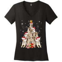 Wolfs Tree Christmas Sweater Xmas Pet Animal Wolf Lover Gift Long Sleeve Women's V-Neck T-Shirt