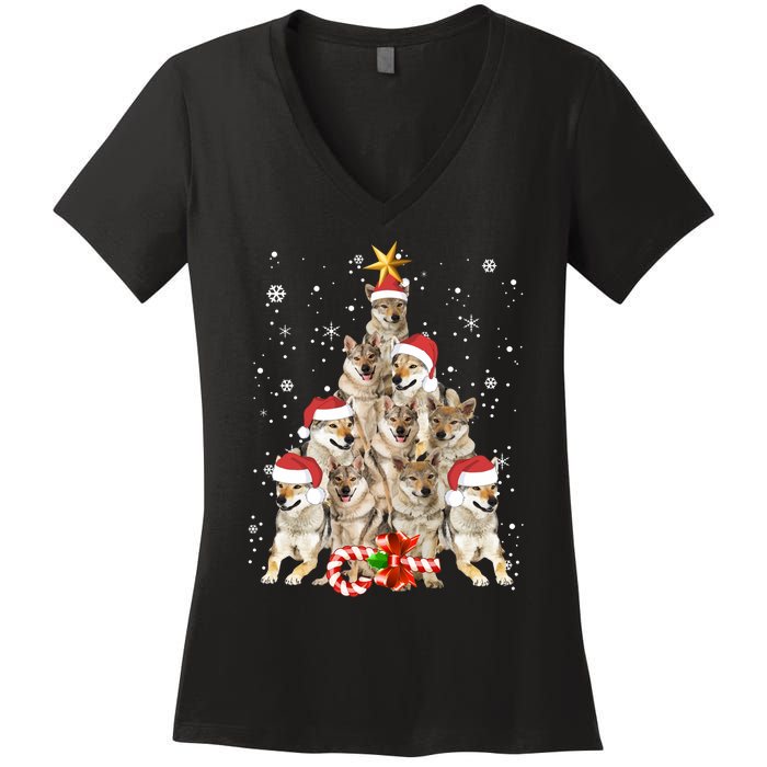 Wolfs Tree Christmas Sweater Xmas Pet Animal Wolf Lover Gift Long Sleeve Women's V-Neck T-Shirt