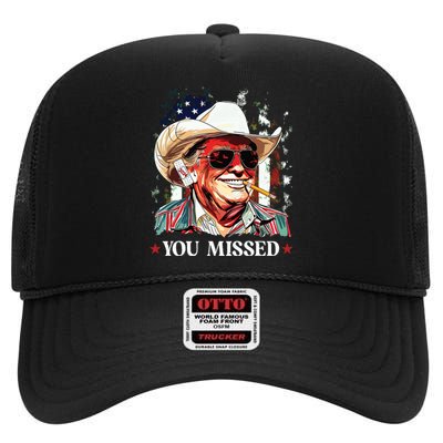 Western Trump Cowboy You Missed Trump 2024 American Flag High Crown Mesh Back Trucker Hat