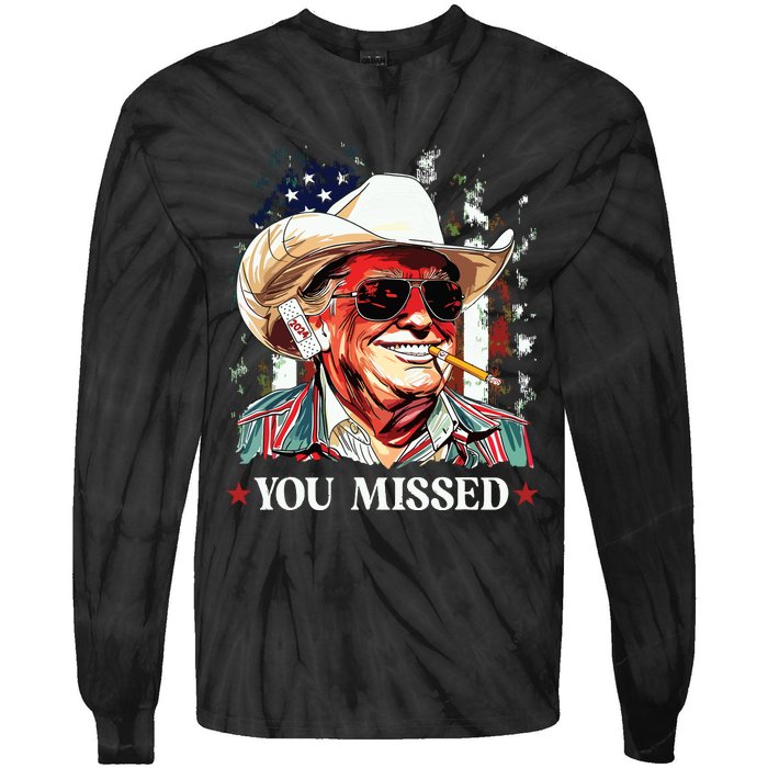 Western Trump Cowboy You Missed Trump 2024 American Flag Tie-Dye Long Sleeve Shirt