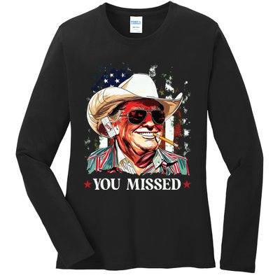 Western Trump Cowboy You Missed Trump 2024 American Flag Ladies Long Sleeve Shirt