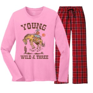 Wild & Three Cow Western Rodeo 3rd Birthday Women's Long Sleeve Flannel Pajama Set 