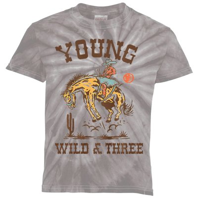 Wild & Three Cow Western Rodeo 3rd Birthday Kids Tie-Dye T-Shirt