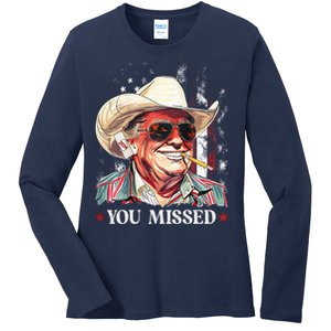 Western Trump Cowboy You Missed Trump 2024 Usa Flag Ladies Long Sleeve Shirt