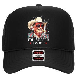 Western Trump Cow You Missed Twice Trump 2024 Usa Flag High Crown Mesh Back Trucker Hat