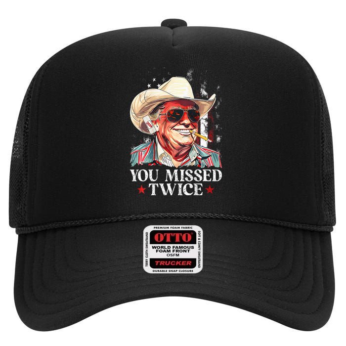 Western Trump Cow You Missed Twice Trump 2024 Usa Flag High Crown Mesh Back Trucker Hat