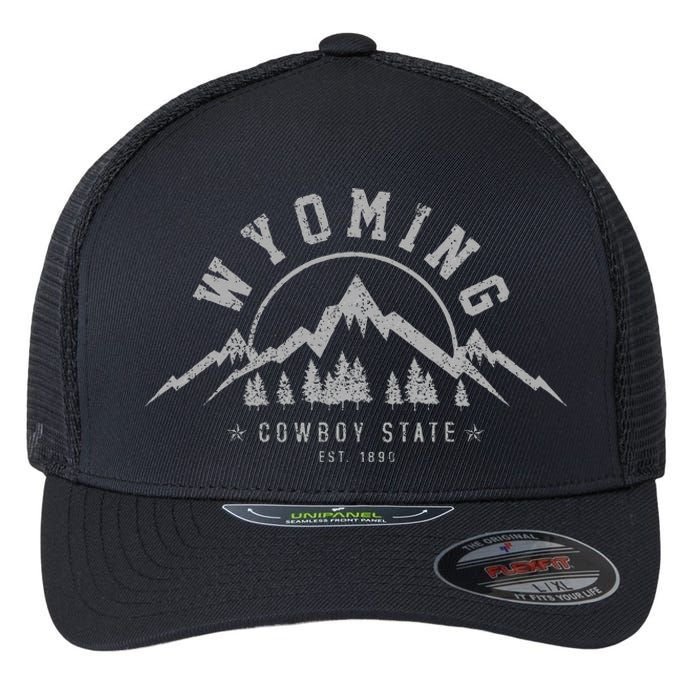 Wyoming The Cowboy State Est. 1890 Vintage Mountains Gift Flexfit Unipanel Trucker Cap