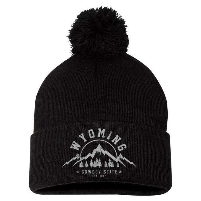 Wyoming The Cowboy State Est. 1890 Vintage Mountains Gift Pom Pom 12in Knit Beanie