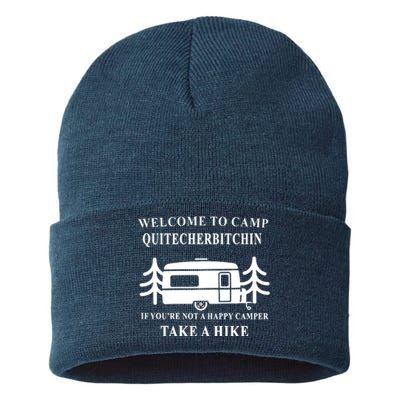 Welcome To Camp Quitcherbitchin Funny Camping Meme Sustainable Knit Beanie