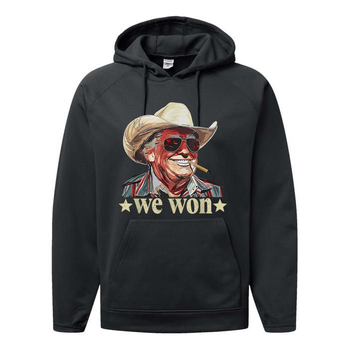 Western Trump Cowboy We Won American Flag Cowboy Hat Performance Fleece Hoodie