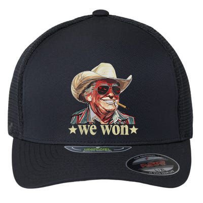 Western Trump Cowboy We Won American Flag Cowboy Hat Flexfit Unipanel Trucker Cap