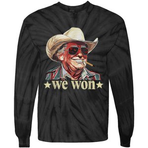 Western Trump Cowboy We Won American Flag Cowboy Hat Tie-Dye Long Sleeve Shirt