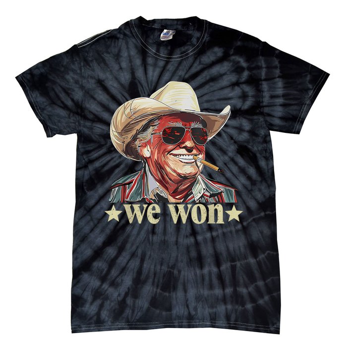 Western Trump Cowboy We Won American Flag Cowboy Hat Tie-Dye T-Shirt